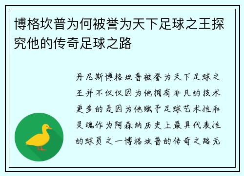 博格坎普为何被誉为天下足球之王探究他的传奇足球之路