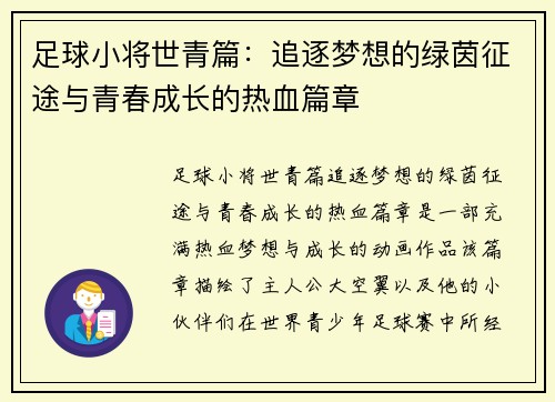 足球小将世青篇：追逐梦想的绿茵征途与青春成长的热血篇章